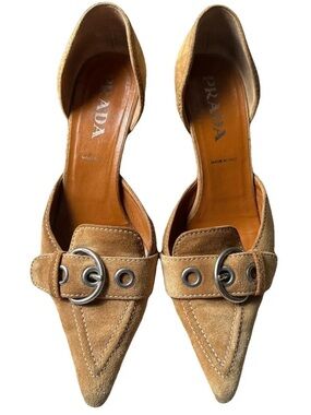 Prada Tan Suede Pointed D'Orsay Mules with Buckle Detail